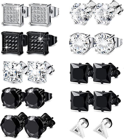 10 Paar Schwarze Diamant Ohrstecker Set für Männer Frauen