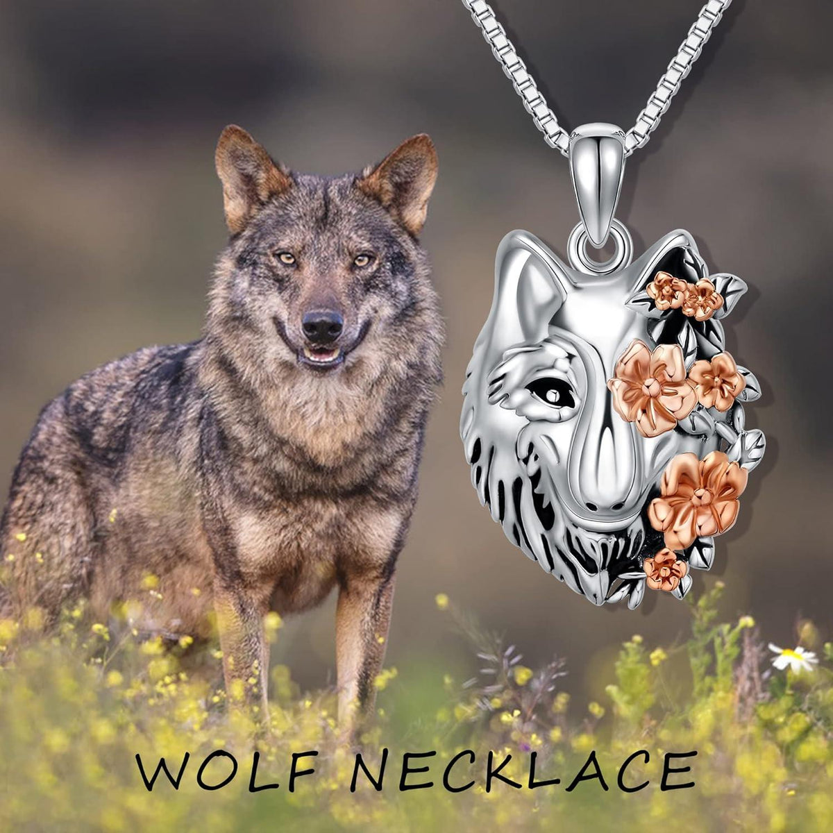 Wolf Halskette Sterling Silber Wolfskopf Blume Anhänger Geschenk