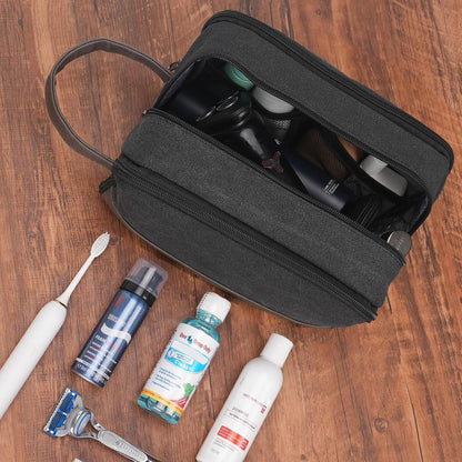 Kulturtasche Herren: Wasserabweisend, Canvas, Großes Hauptfach in Lederoptik
