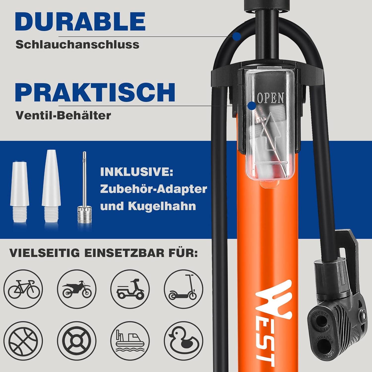 Fahrradluftpumpe für alle Ventile 160 Psi Orange Adapter