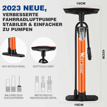 Fahrrad Standluftpumpe 11 Bar/160 Psi für alle Ventile - Adapter Orange