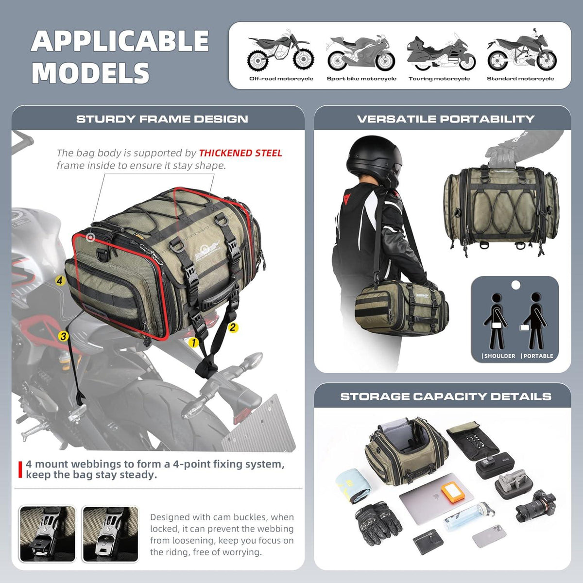 Motorrad Hecktasche 19-26L Wasserdicht Satteltasche Grün