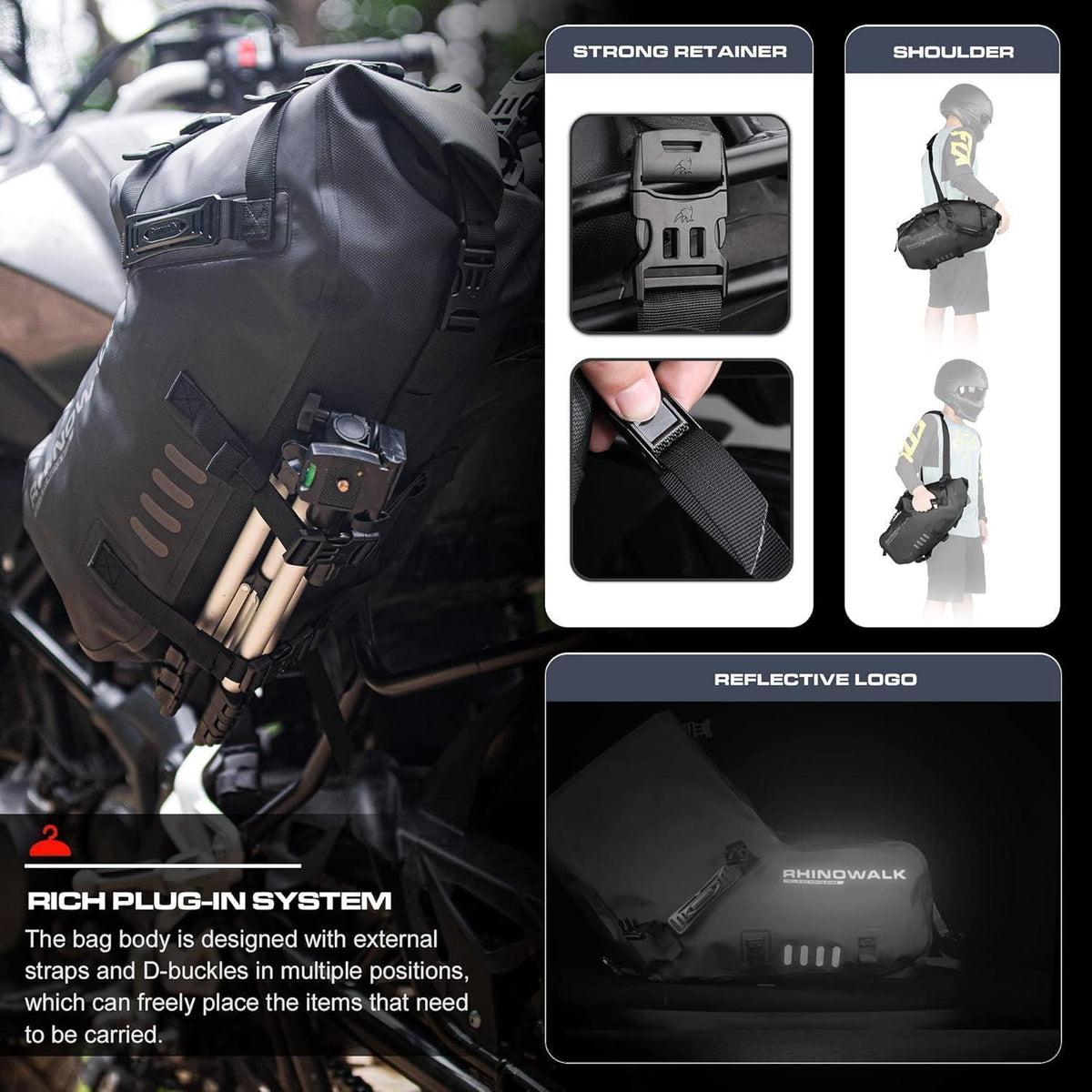 Motorrad Satteltasche 18L Wasserdicht mit Schultergurt Schwarz