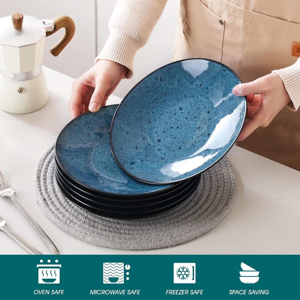 Speiseteller 6tlg Ø27,4cm Steingut Flachtellerset Blau2 Mikrowellen Spülmaschinen