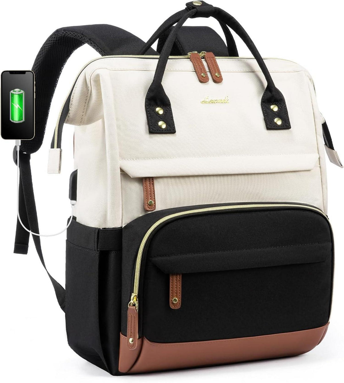 Laptop Rucksack Damen 15.6 Zoll Schulrucksack Schwarz Beige