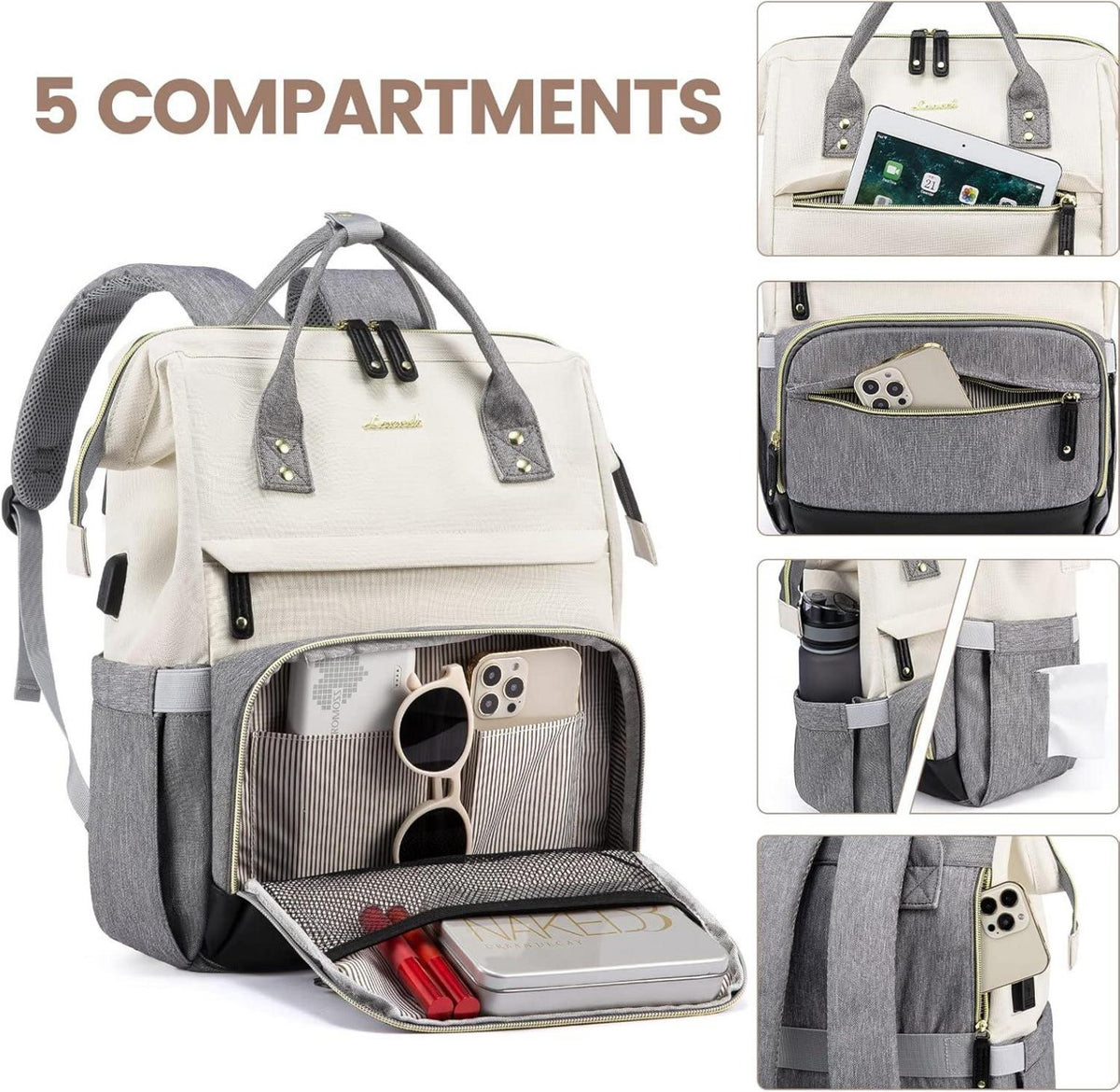Rucksack Damen 15.6 Zoll Laptopfach Schulrucksack Wasserdicht Beige