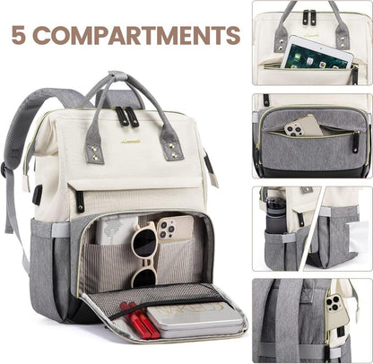 Rucksack Damen 15.6 Zoll Laptopfach Schulrucksack Wasserdicht Beige