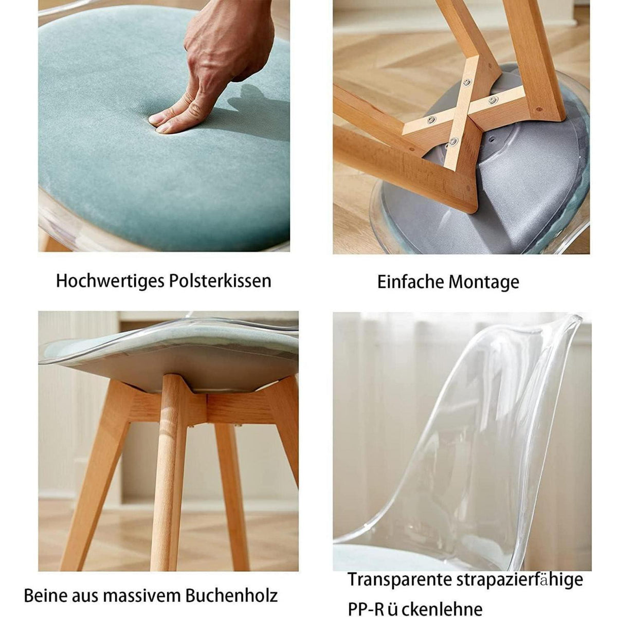 Moderner Esszimmerstuhl Set (8) – Transparent, Grün mit Kissen