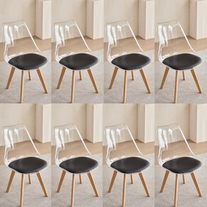 8 Moderne Transparente Esszimmerstühle mit Kissen & Holzbeine