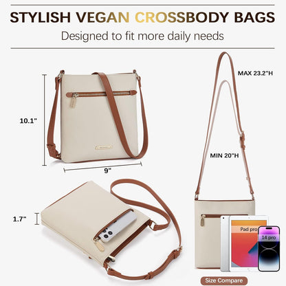 Damen Umhängetasche aus veganem Leder, Crossbody Schultertasche Beige
