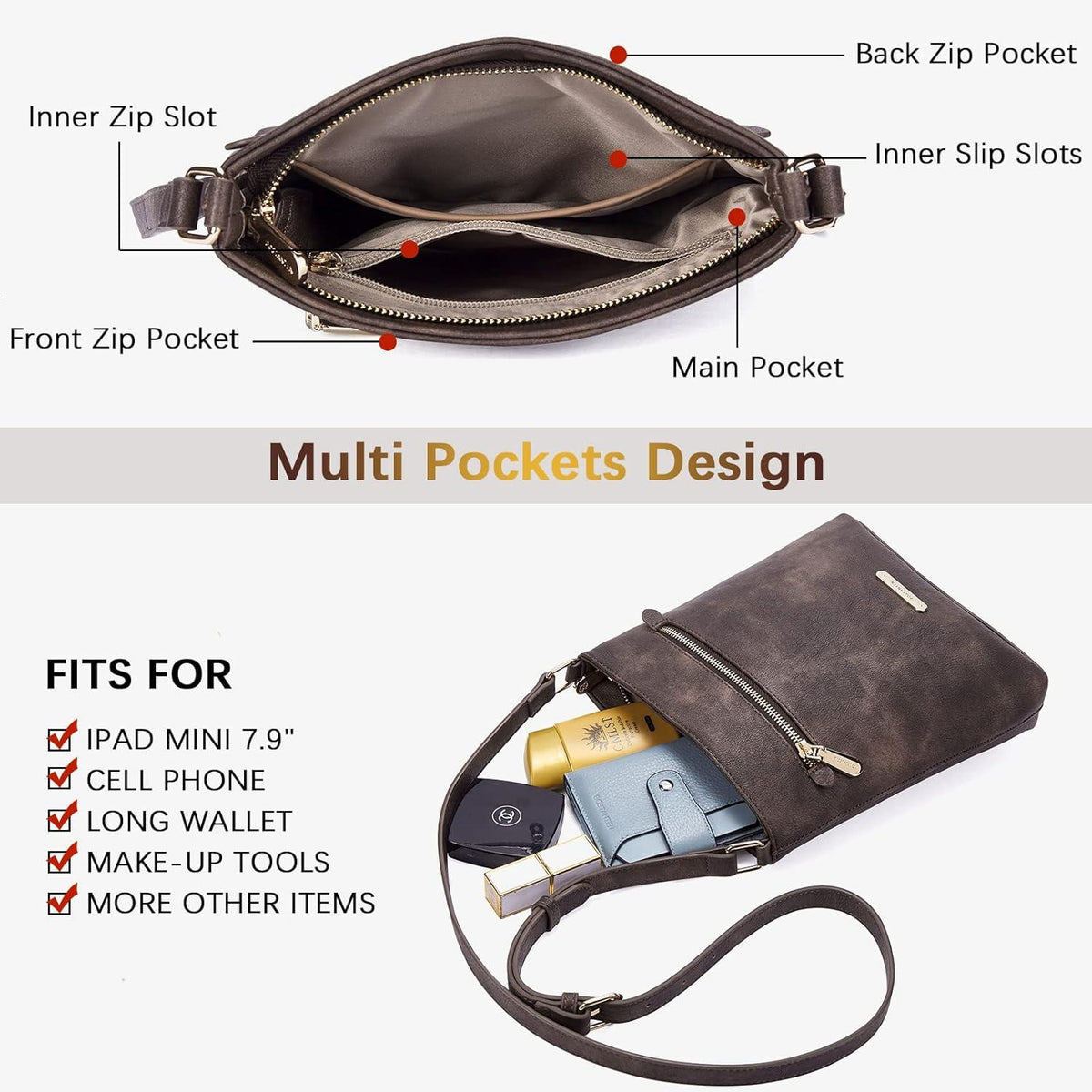 Umhängetasche Damen Mittelgroß PU Leder Crossbody elegant Kaffee