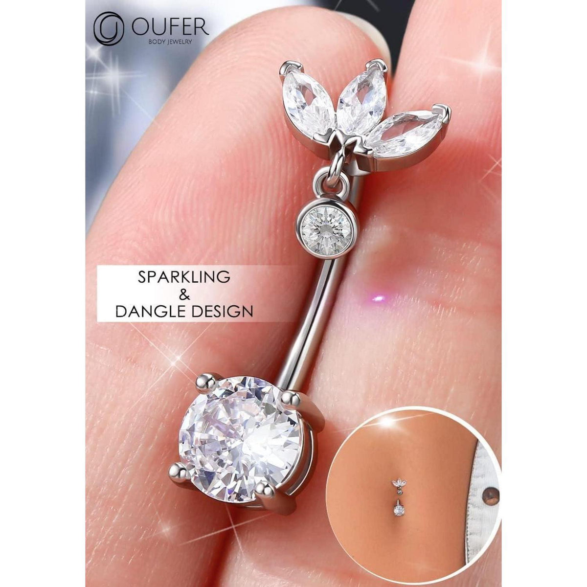 Chirurgenstahl Bauchnabelpiercing 14G mit CZ, 12mm Länge