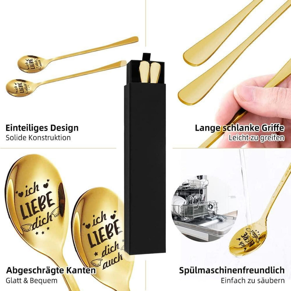 2 Goldene Latte Macchiato Löffel mit Gravur - Geschenkidee für Paare