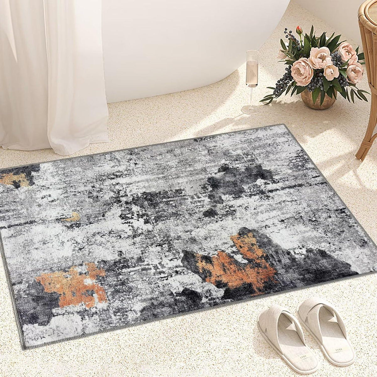 Waschbarer Teppich Wohnzimmer 60x110CM Kurzflor Schlafzimmer Schwarz