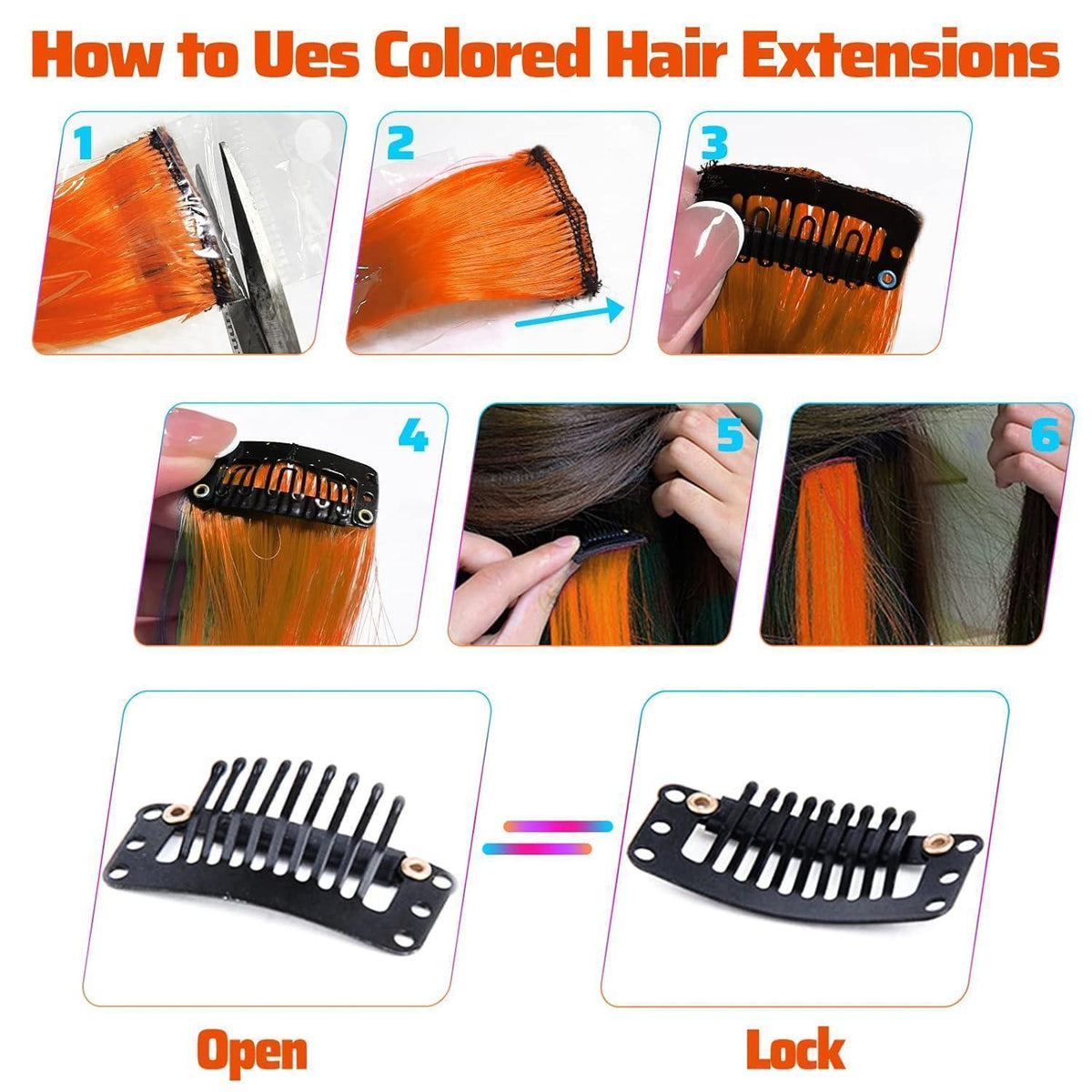 Orange Clip-In Haarverlängerung 22 Zoll – Gerade, Bunt, 10 Stück