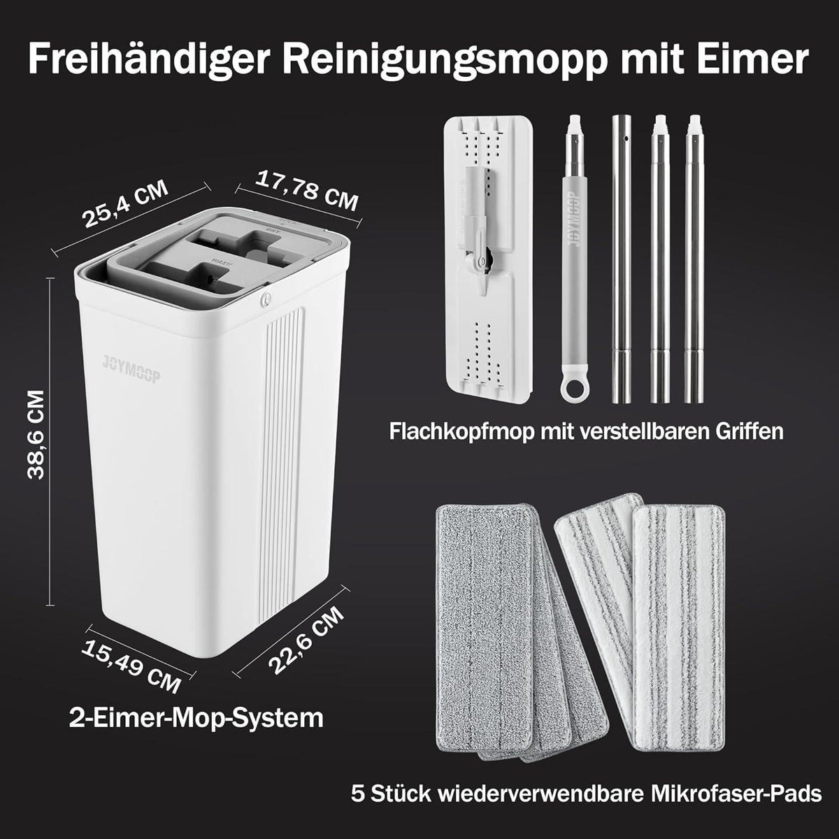 Wischmopp und Eimer Set mit 5 Mikrofasermopps, flacher Bodenwischer