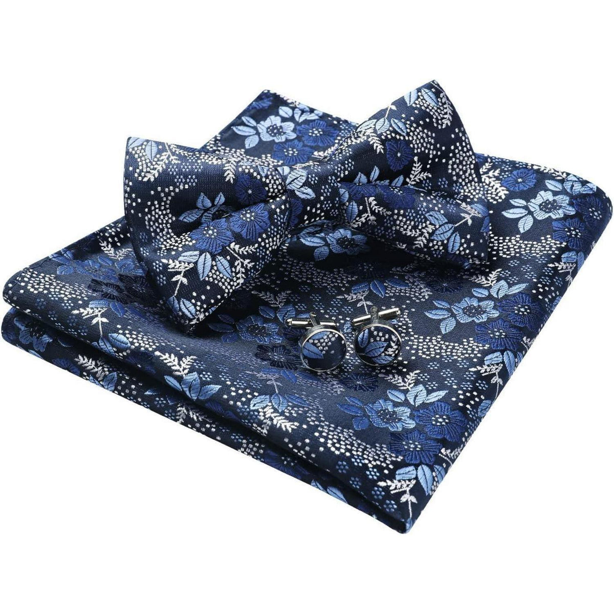 Herren Fliegen Set mit Einstecktuch und Manschettenknöpfen, Paisley Blau