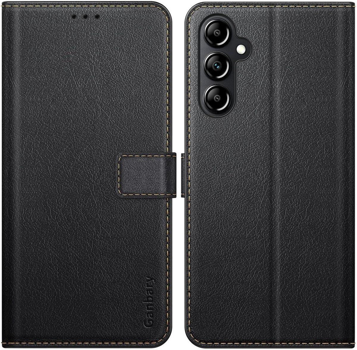 Samsung Galaxy A14 4G/5G Handyhülle Schwarz Premium Leder Klapphülle - Kartenschlitze Magnetverschluss Standfunktion