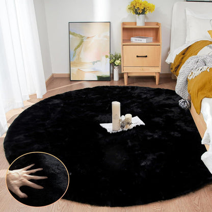 Runder Flausch Teppich 180 cm Schwarz – Waschbarer Kunstfell Teppich