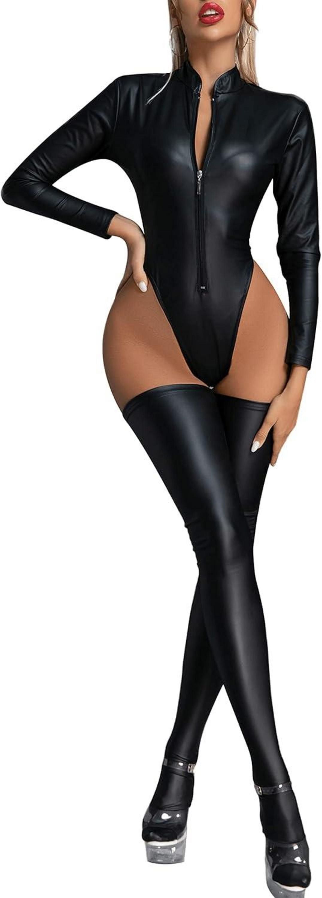 Wetlook Catsuit Damen Reißverschluss Sexy Latex Body Clubwear Schwarz