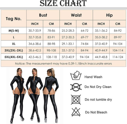 FEOYA Damen Wetlook Catsuit Reißverschluss Latex Bodysuit M F-schwarz