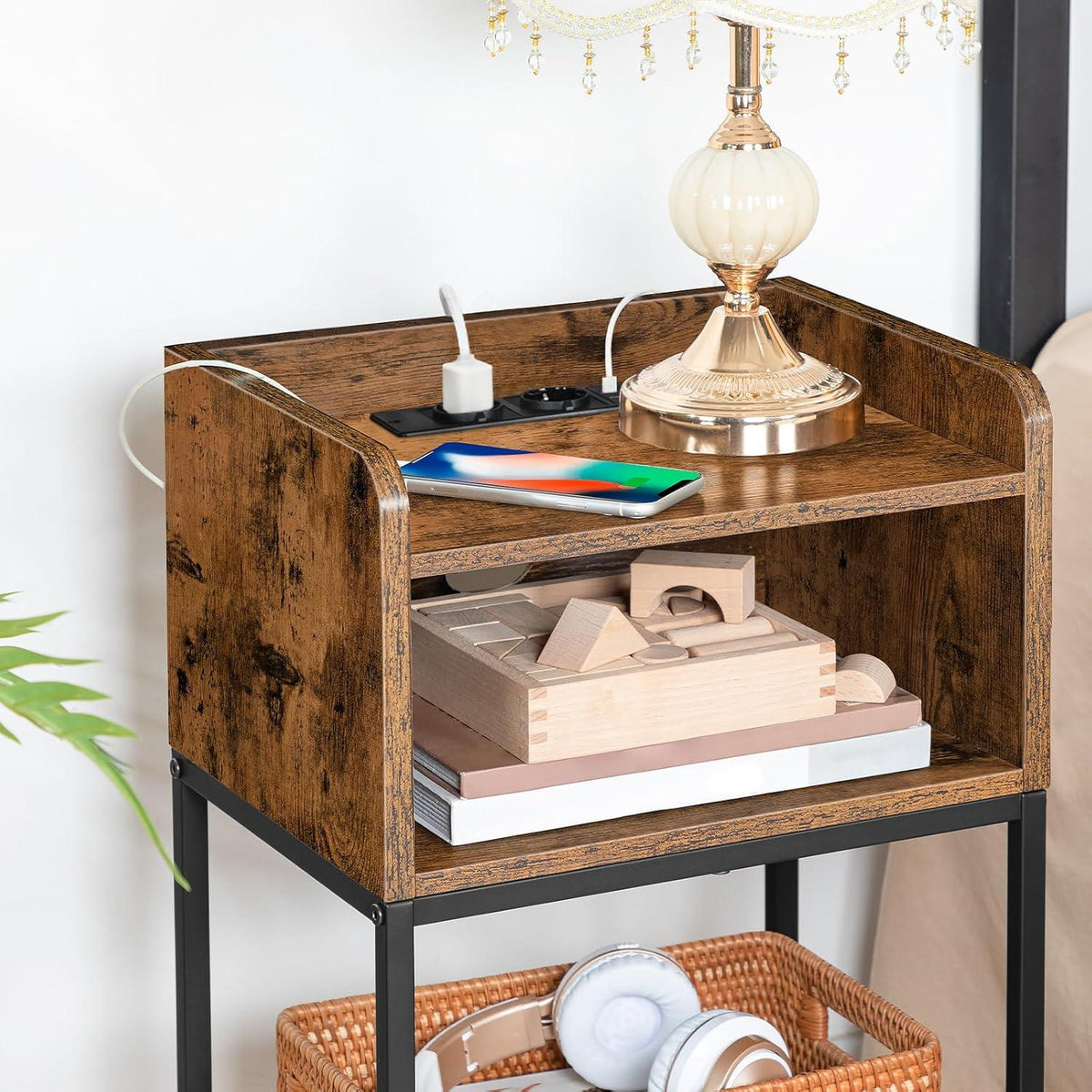 Nachttisch mit Ladestation und USB-Anschlüssen Vintagebraun/Schwarz
