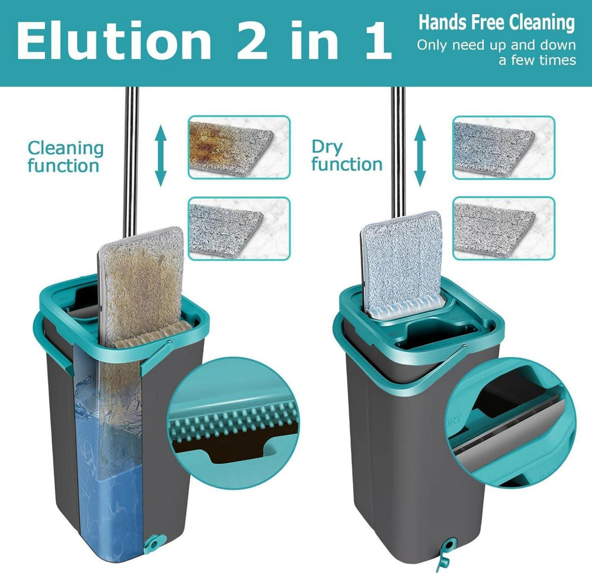 Wischmopp Set mit Eimer und 6 Mikrofaser Wischpads, 2-in-1 Bodenwischer, für Holzböden, Laminat, Fliesen, Grau & Grün
