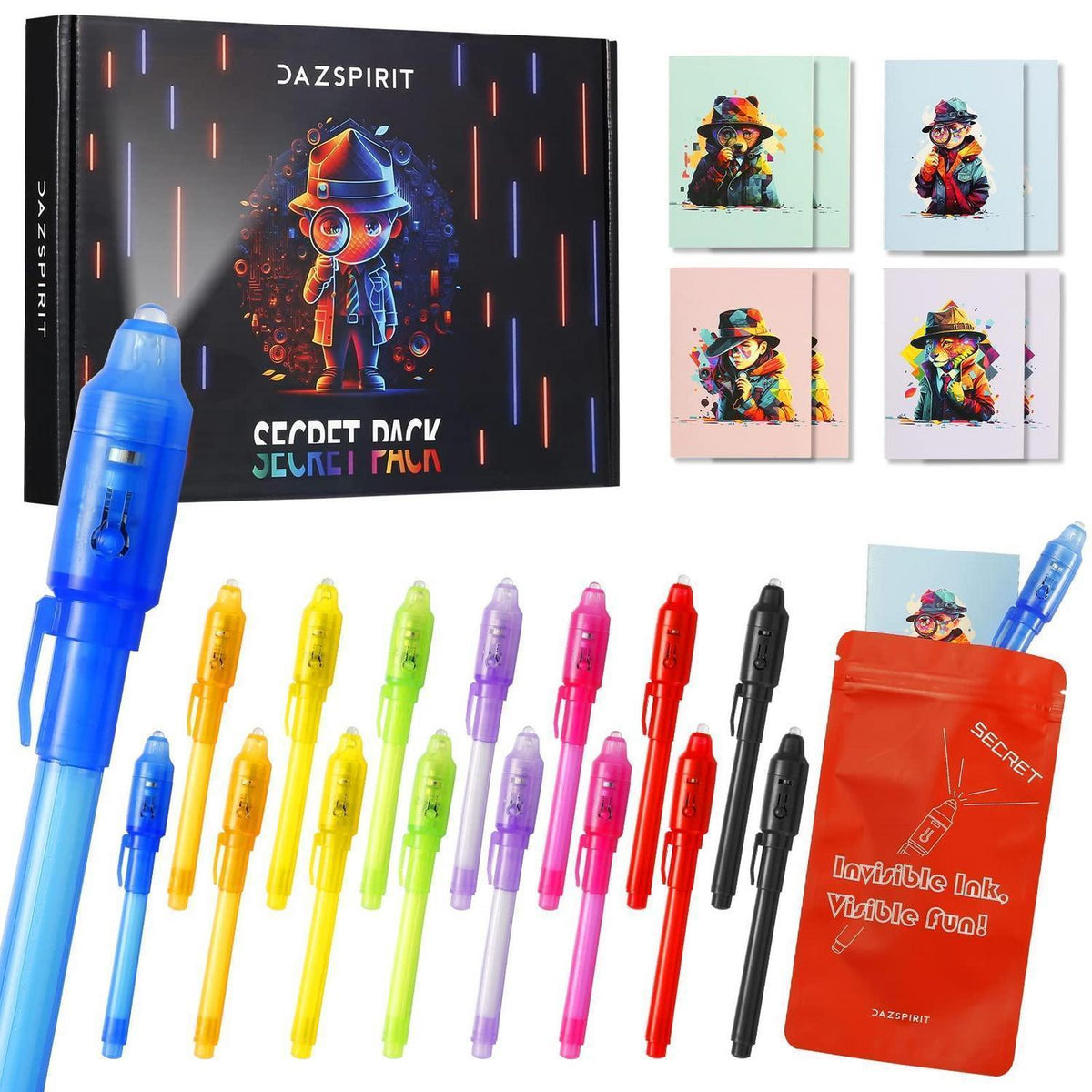 Geheimstift Set mit UV-Licht & Notizblöcken – 16er Pack