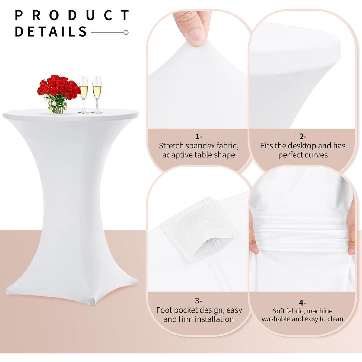 10er Set Stehtischhusse Weiß für Ø 80-85 cm, Stretch-Tischdecke mit Fußtaschen