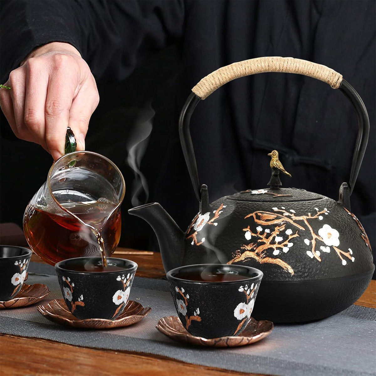 Dyna-Living Teekanne Gusseisen Set 1,2L Japanisch Teeservice 4 Teebecher Schwarz