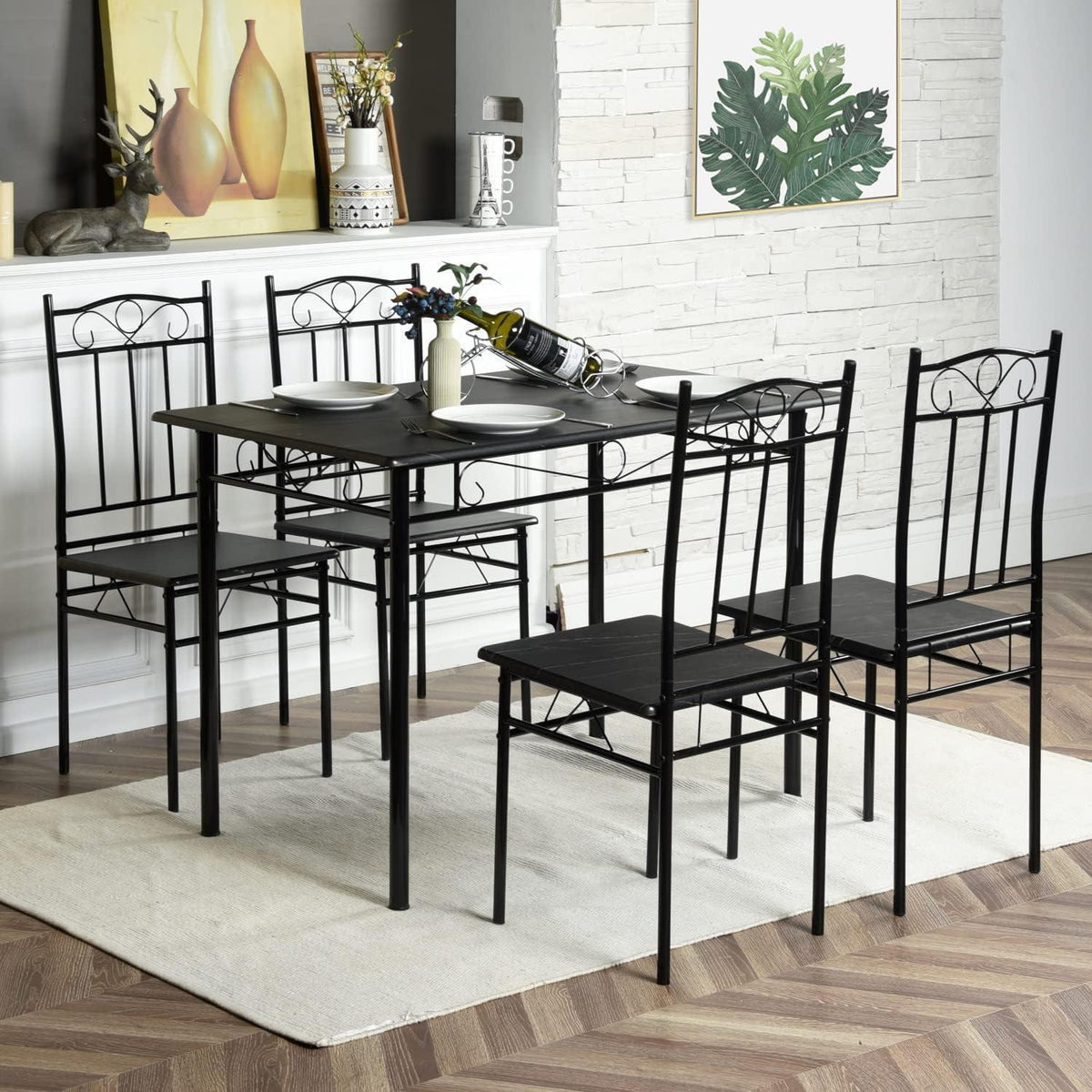 Esszimmer-Set Schwarz Marmor Optik | Esstisch + 4 Stühle