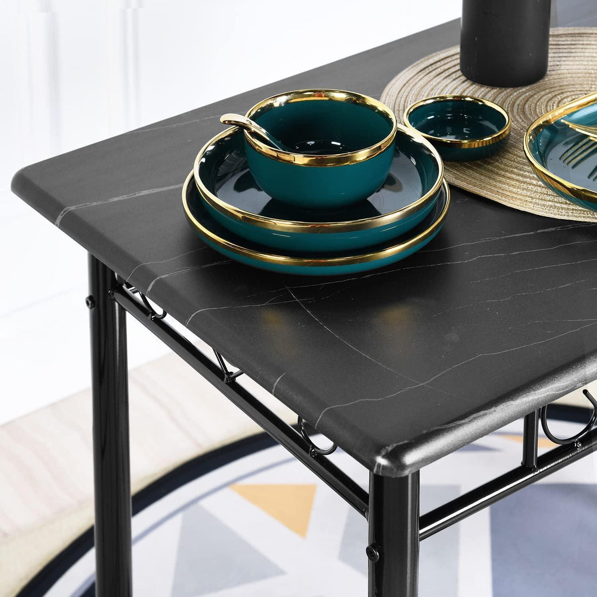 Esszimmer-Set Schwarz Marmor Optik | Esstisch + 4 Stühle