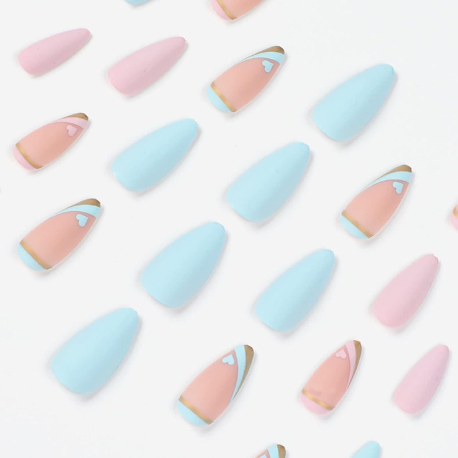 24 Stück Matt Stiletto Nägel Herz Pale Pink Blau French Press on Nails