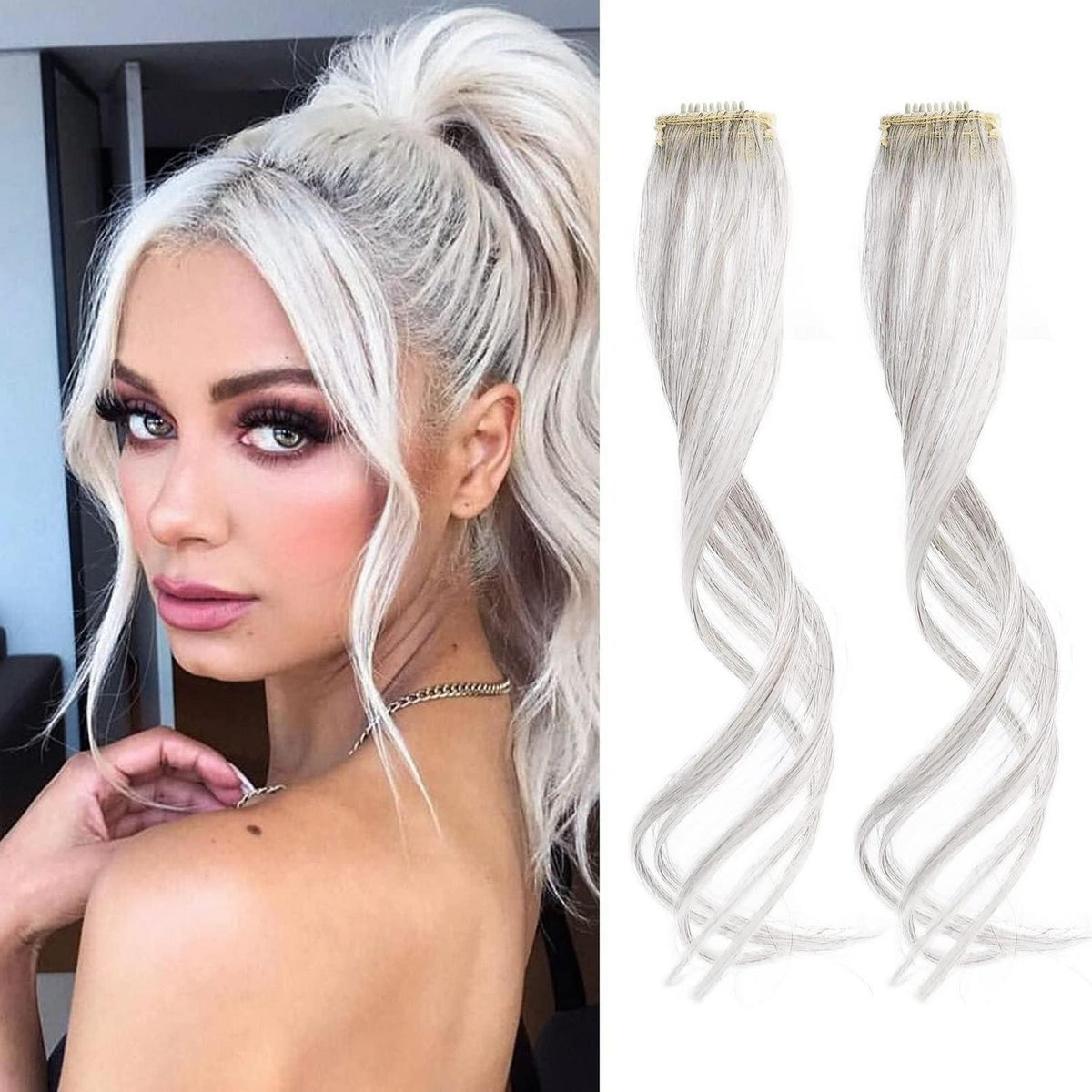 Clip-in Pony mit seitlichen Luftschläfen – Grau/Braun/Silber/Weiß
