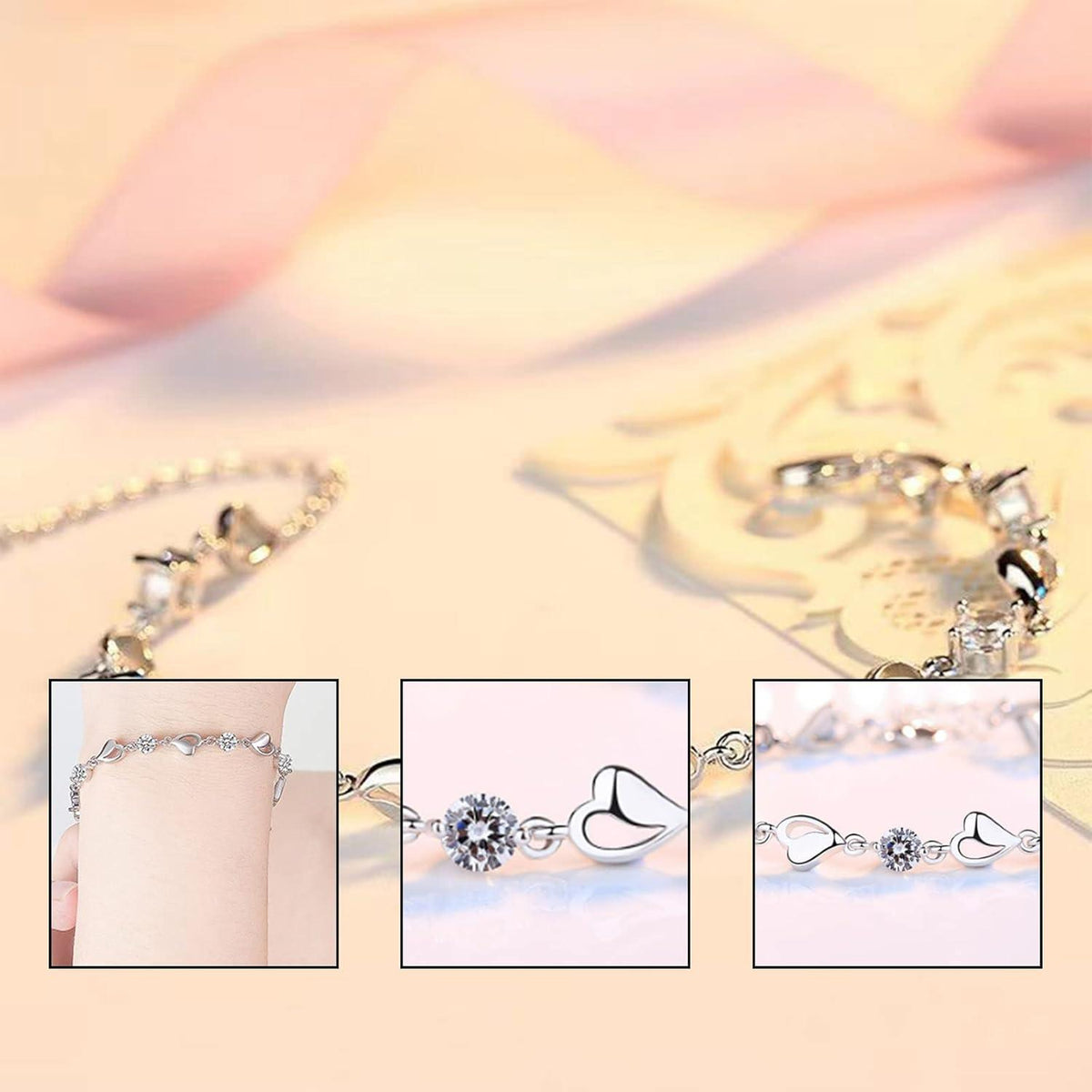Silber Herz Kristall Armband & Ohrringe Set, verstellbar, Liebe geformt Schmuck