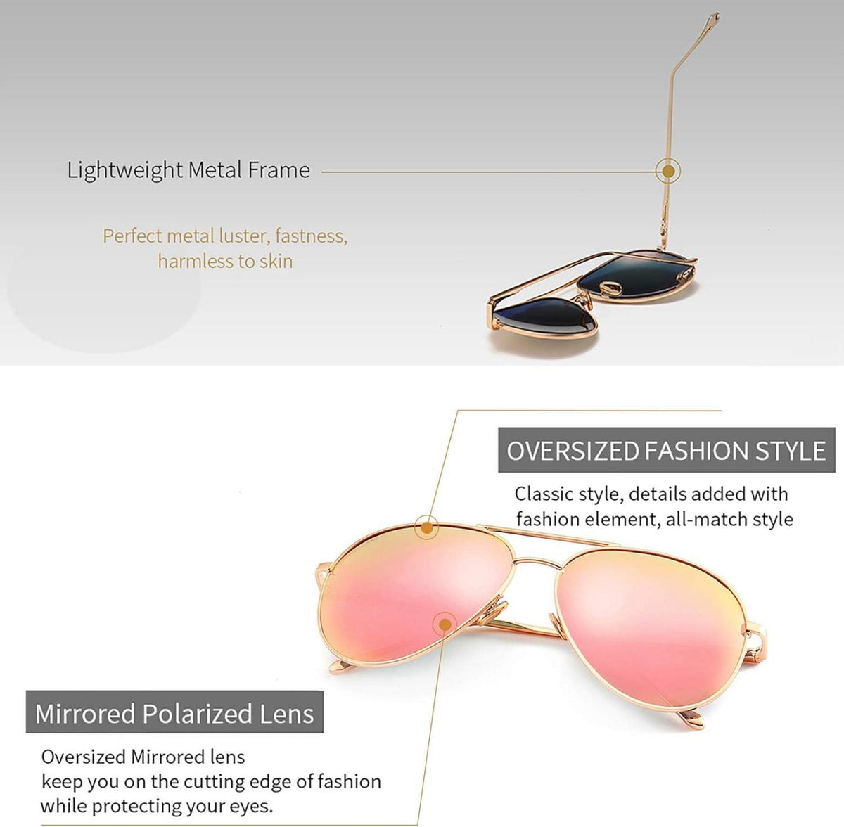 Damen Polarisierte Übergroße Piloten-Sonnenbrille mit Metallgestell