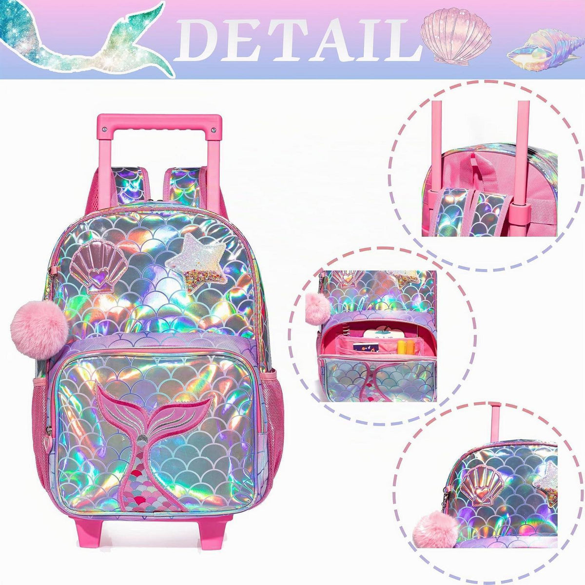 Meerjungfrau Schulrucksack mit Rollen | Kinder Trolley Rosa