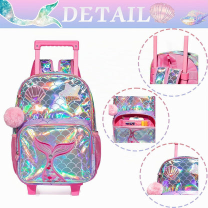 Meerjungfrau Schulrucksack mit Rollen | Kinder Trolley Rosa