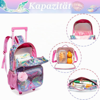 Meerjungfrau Schulrucksack mit Rollen | Kinder Trolley Rosa