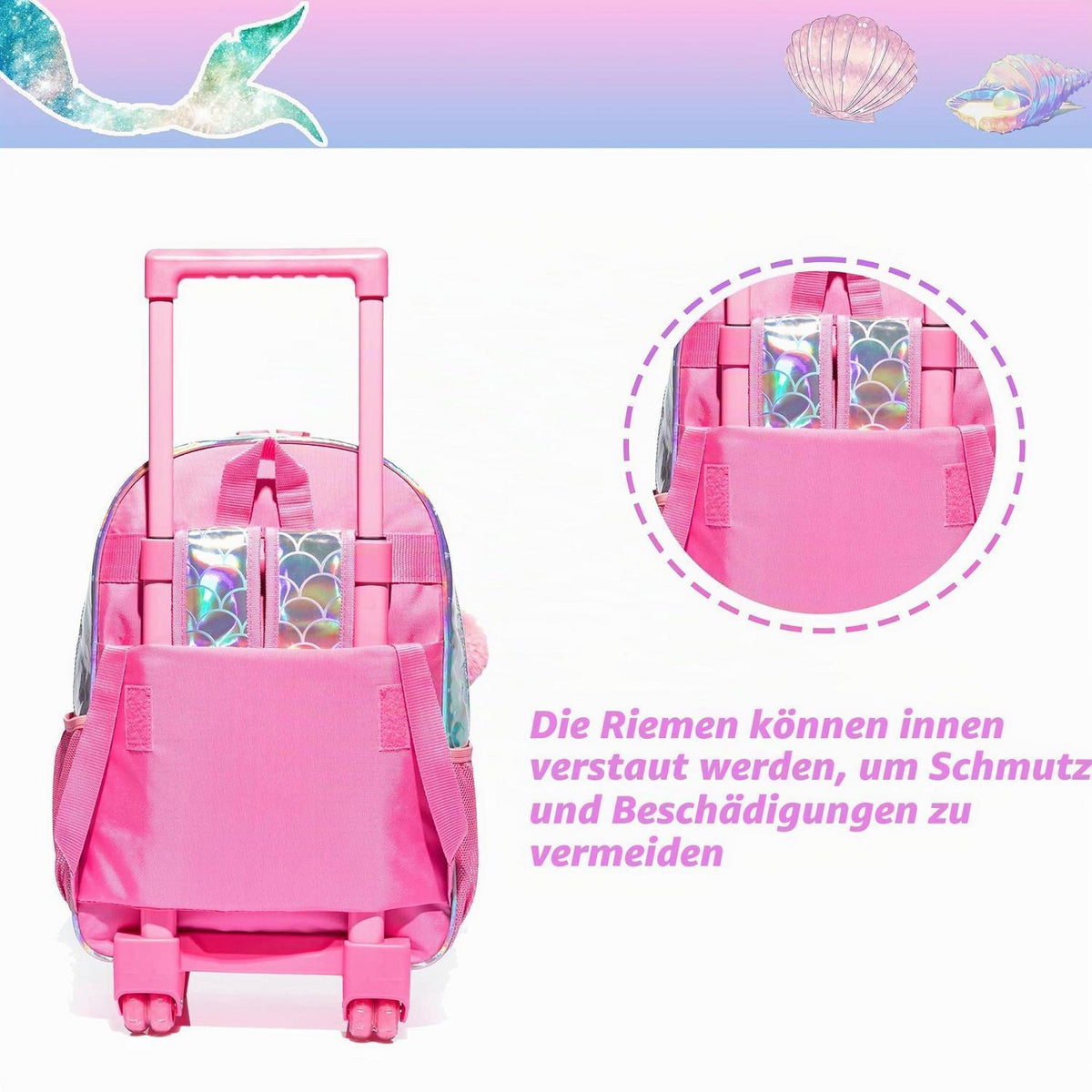 Meerjungfrau Schulrucksack mit Rollen | Kinder Trolley Rosa