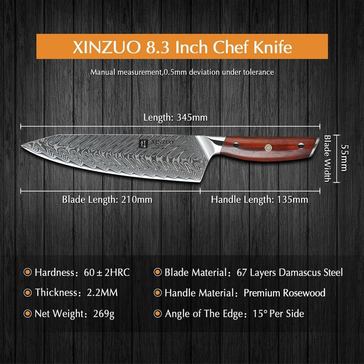 XINZUO Damaststahl Kochmesser 21cm Profi Chefmesser Rosenholz-Griff