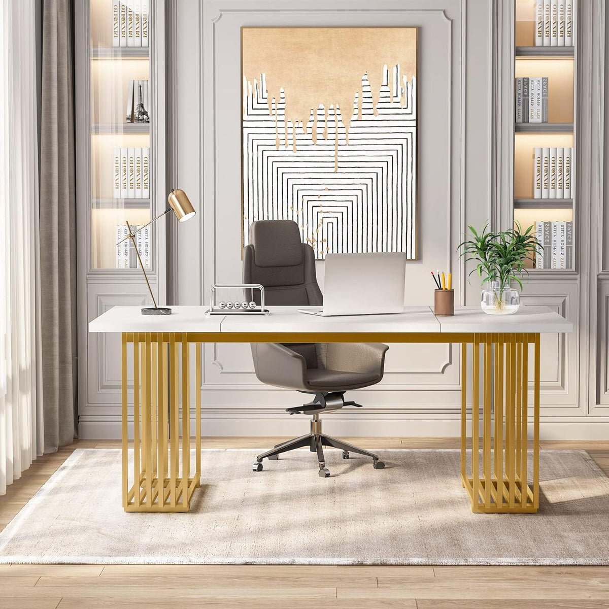 Moderner Schreibtisch Weiß & Gold | 180x80cm | Home Office Tisch