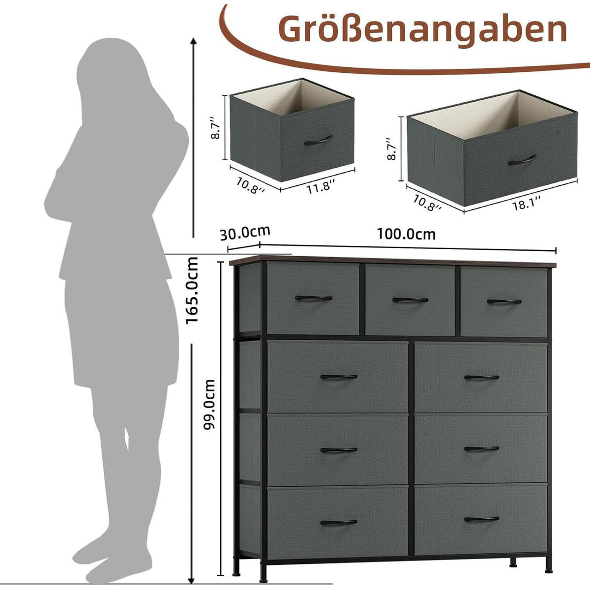 Somdot Kommode mit 9 Stoffschubladen, Kohlegrau