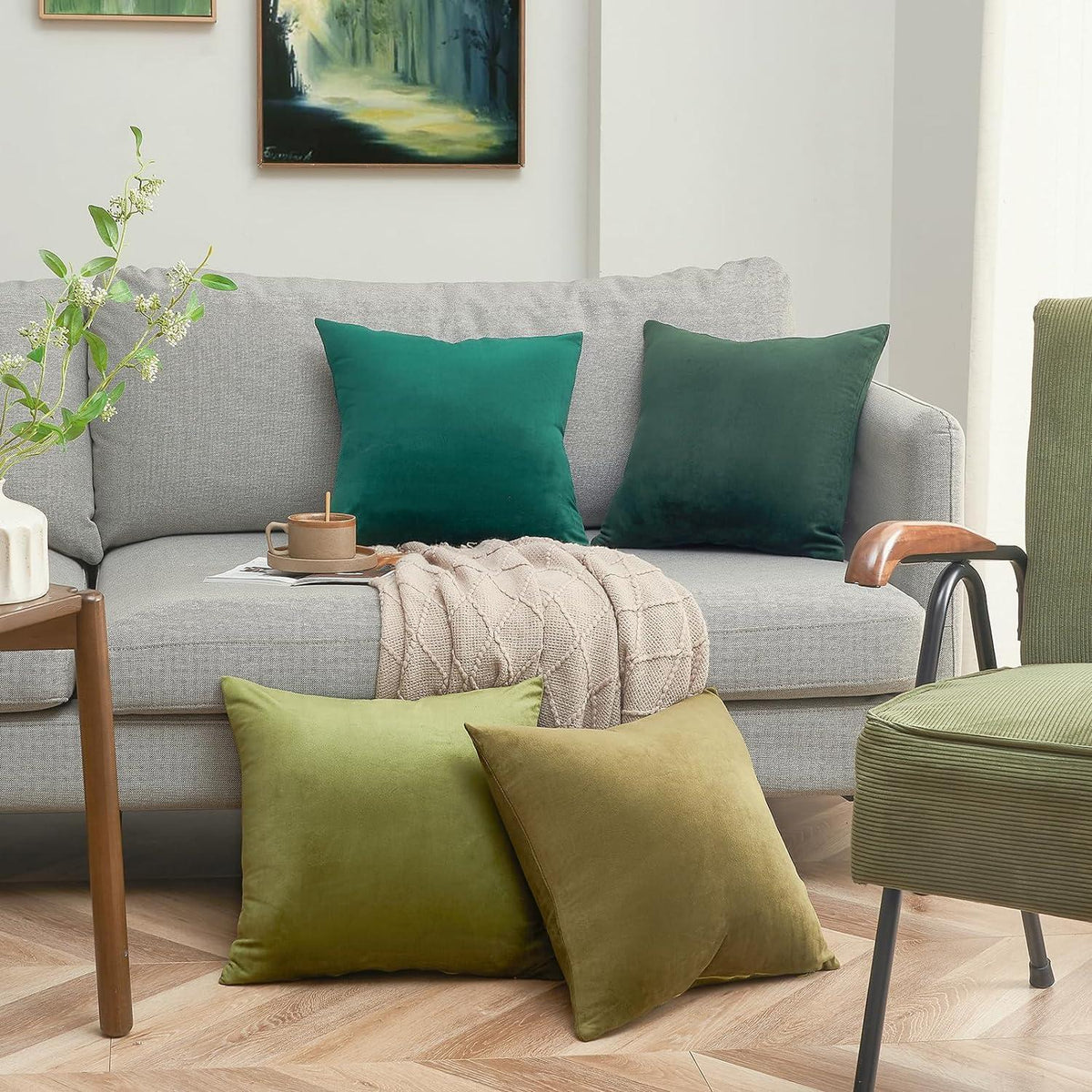 Kissenbezug Samt 4er Set grün 40x40cm Zierkissen Sofa Schlafzimmer