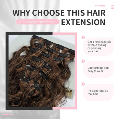 Lange gewellte Haarverlängerung dunkelbraun mit Highlights