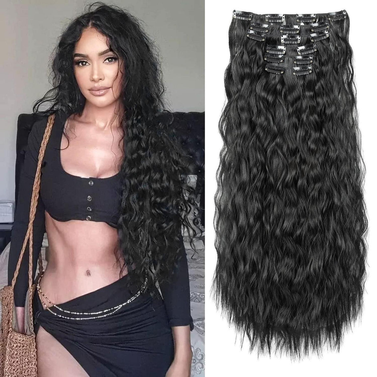 Lange gewellte Haarverlängerung – Natürliches Schwarz, 60cm