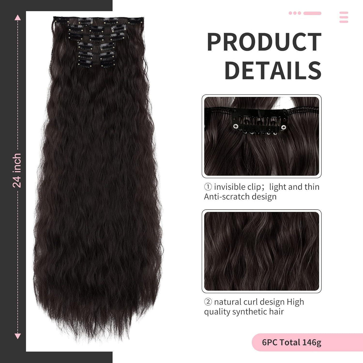 60cm Lange Wellige Haarverlängerung – Clip-In, Schwarz Braun
