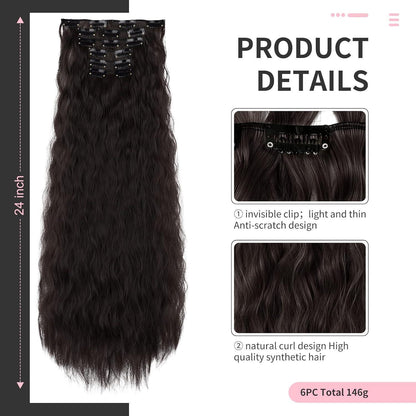 60cm Lange Wellige Haarverlängerung – Clip-In, Schwarz Braun