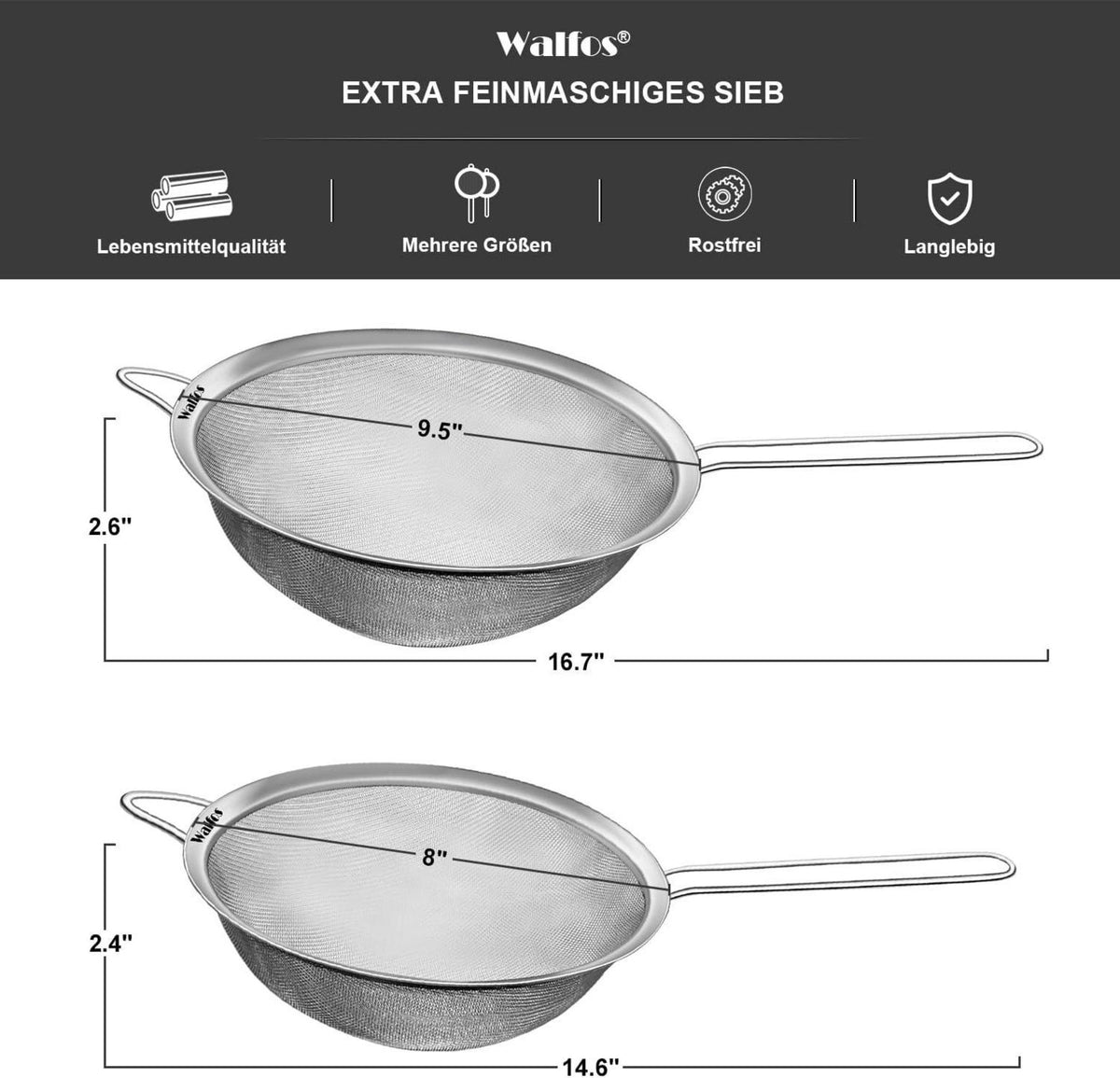 Feines Edelstahlsieb 2er Set XL 20cm+24cm, extra stabiler