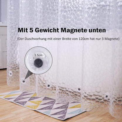 Duschvorhang Transparent 180x200cm Magnete Antischimmel wasserdicht 12 Ringe Hexagon Muster